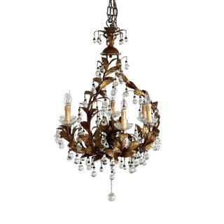 Vintage Chandelier with Crystal Drops and Gilded Brass, 1950s For Sale
