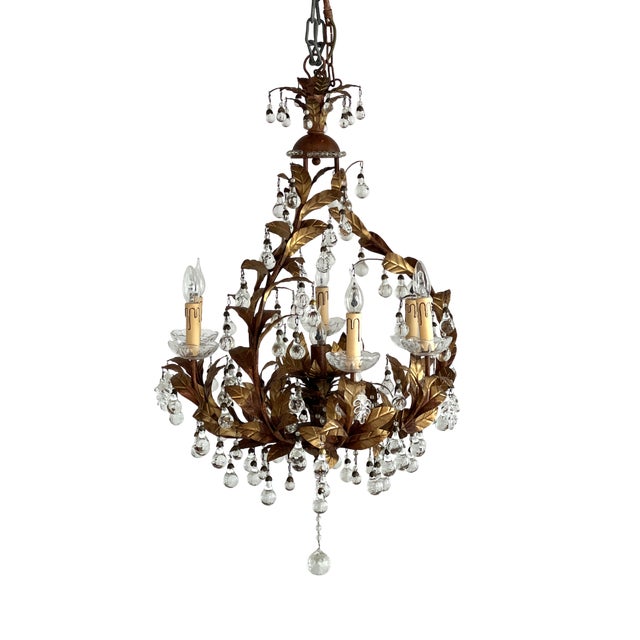 Vintage Chandelier with Crystal Drops and Gilded Brass, 1950s For Sale