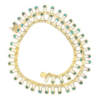 Vintage Italian Modernist 18k Gold and Turquoise Fringe Necklace For Sale