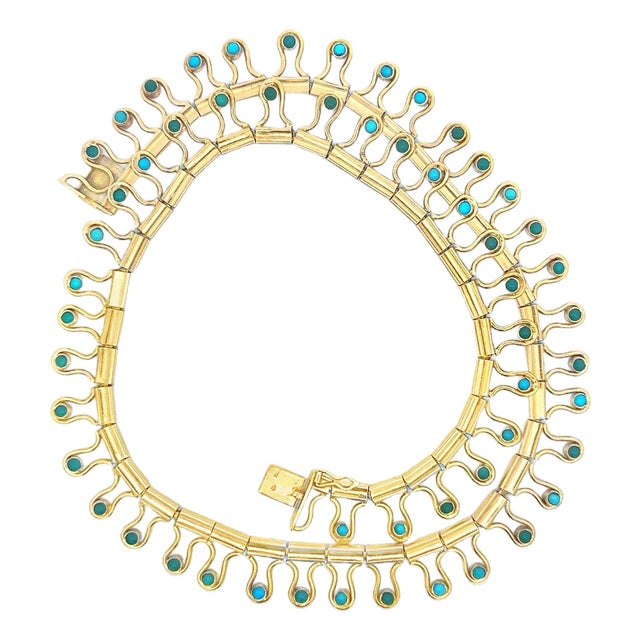 Vintage Italian Modernist 18k Gold and Turquoise Fringe Necklace For Sale