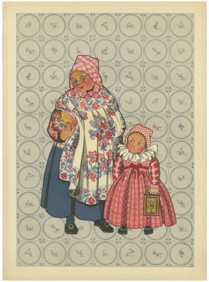 Gratiane de Gardilanne and Elizabeth Whitney Moffatt, Hindeloopen Nurse and Children with Painted School Box, 1932, Lithograph on Paper