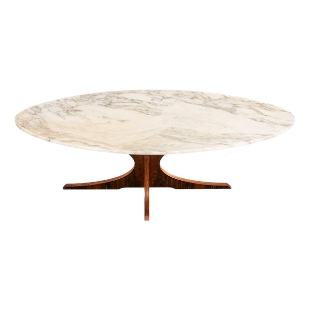 Oval Coffee Table in Carrara Marble and Rosewood by Hugues Poignant 1960. from Roche Bobois For Sale