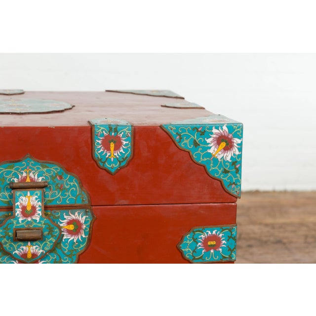 Chinese Vintage Blanket Chest with Red Lacquer and Cloisonné Floral Décor For Sale - Image 10 of 13