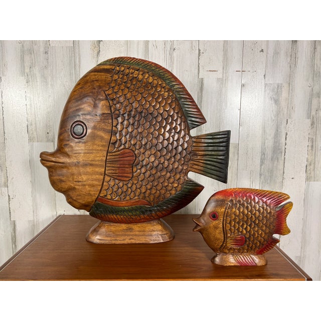 Carved solid mahogany pair of Koi fish with lightly painted accents Massive fish 5" deep by 24" high by 24" long Little...