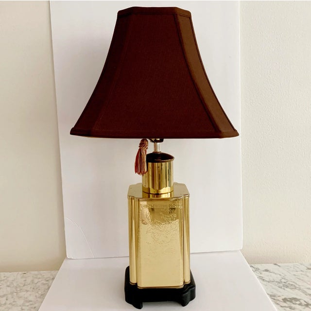 Vintage Chinoiserie Brass Tea Canister Table Lamp With Lampshade For Sale - Image 13 of 13