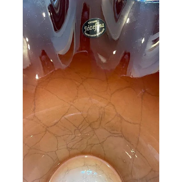 Stunning, one-of-a-kind, elegant, centerpiece art glass bowl with ruffled edges. Inside of bowl features a beautiful plum...