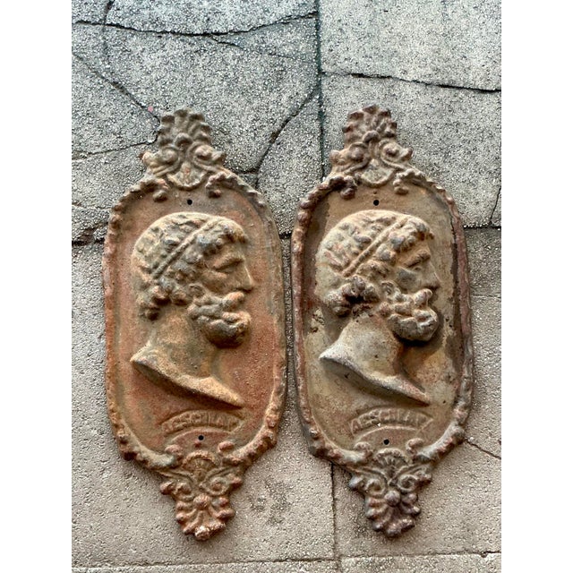 Hollywood Regency Vintage Boho Cast Iron Profile Plaque of Asclepius - A Pair For Sale - Image 3 of 10