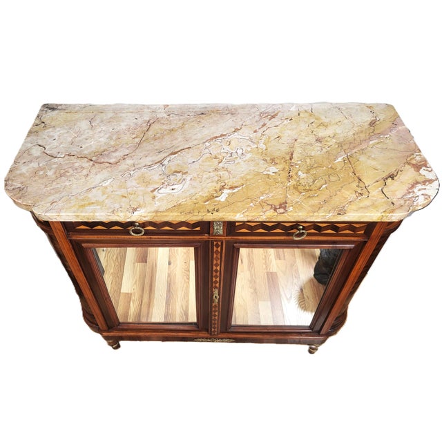 Antique French Louis XVI Inlaid Marble Top & Mirror Door Cabinet Buffet Chest For Sale - Image 9 of 16