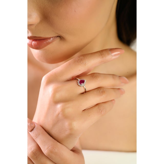 Ruby Red 14k Gold Natural Mozambique Ruby Diamond Halo Ring Size 6 For Sale - Image 8 of 14