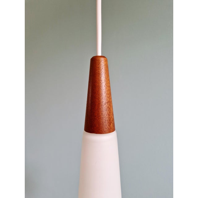 Scandinavian Pendant Light in Satin White Opaline Glass and Teak, 1960s For Sale - Image 4 of 14