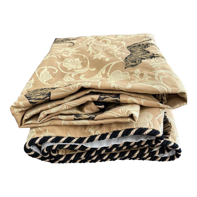 Vintage New Condition Tiger Print 63” Square Overlay/Table Topper With Rich Deep Black/Gold Piped Edge. Removal Black and Gold Tassels. For Sale