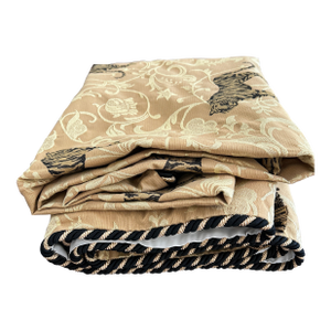Vintage New Condition Tiger Print 63” Square Overlay/Table Topper With Rich Deep Black/Gold Piped Edge. Removal Black and Gold Tassels.
