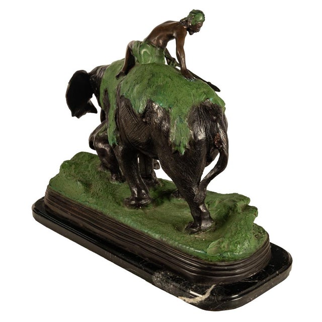 Antique Cast Bronze Elephant Hunt Scene With Lion Antonio Amorgasti Belgium 1925 For Sale In Portland, OR - Image 6 of 15