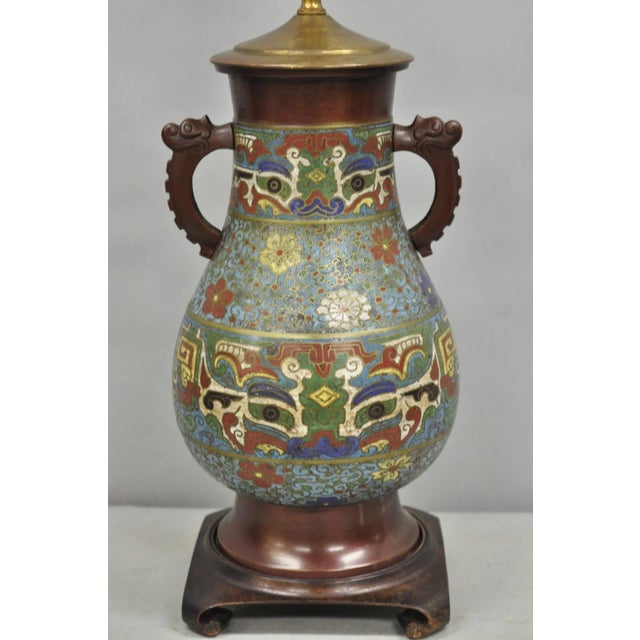 Antique Chinoiserie Blue Cloisonne Enamel Bronze Champleve Figural Twin Handle Vase Table Lamp. Circa Early 20th Century....