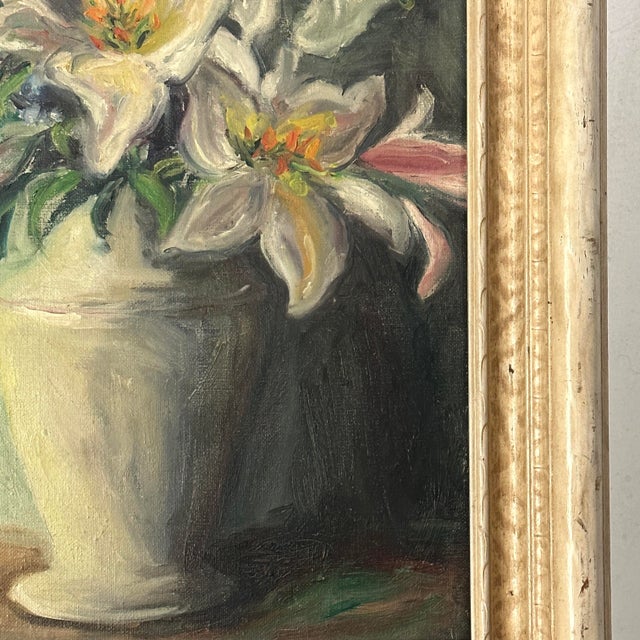 Vintage 1940s Expressionist Still Life With Lilies, Signed (Oil on Board, Framed) For Sale - Image 4 of 6