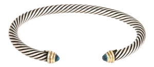 David Yurman Blue Topaz Sterling Silver 14k Yellow Gold 5mm Cable Cuff Bracelet