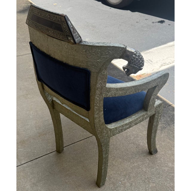 Metal Mid-Century Anglo-Indian Klismos Style Metal Clad Chairs W/ Lions & Velvet - Pair For Sale - Image 7 of 11