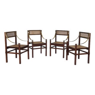 Vienna Straw, Brass and Wood Chairs, 1970s, Set of 4 For Sale
