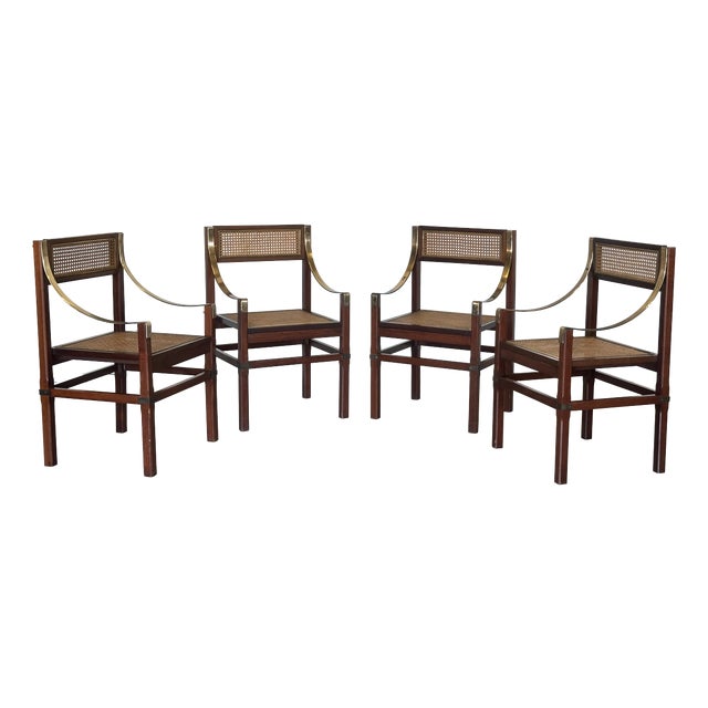 Vienna Straw, Brass and Wood Chairs, 1970s, Set of 4 For Sale