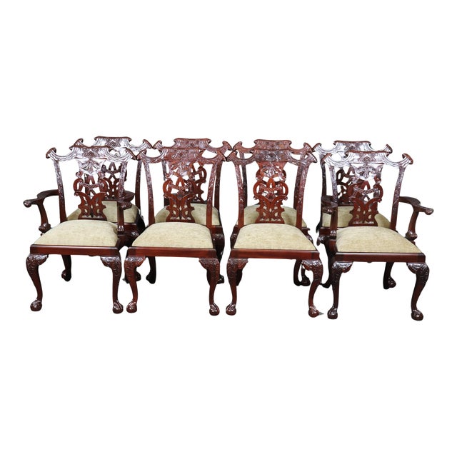 Solid Mahogany Elaborately Carved Chippendale Dining Chairs - Set of 8 For Sale