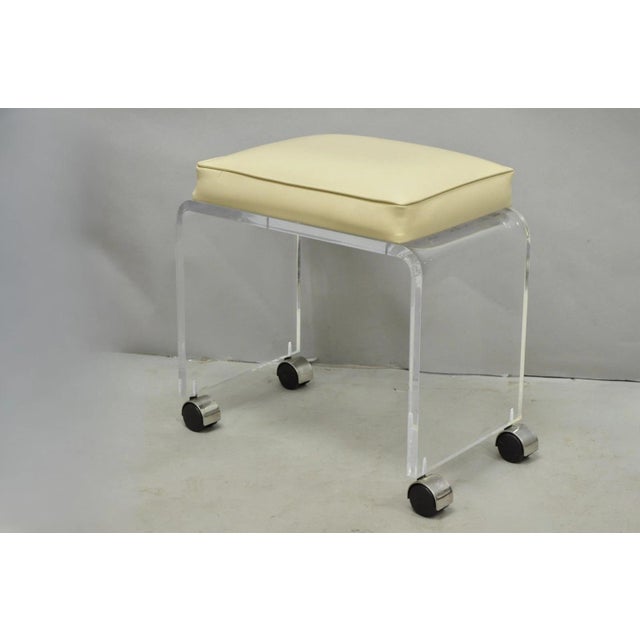 Transparent Vintage Mid Century Modern Clear Lucite Waterfall Vanity Bench Stool on Wheels For Sale - Image 8 of 8
