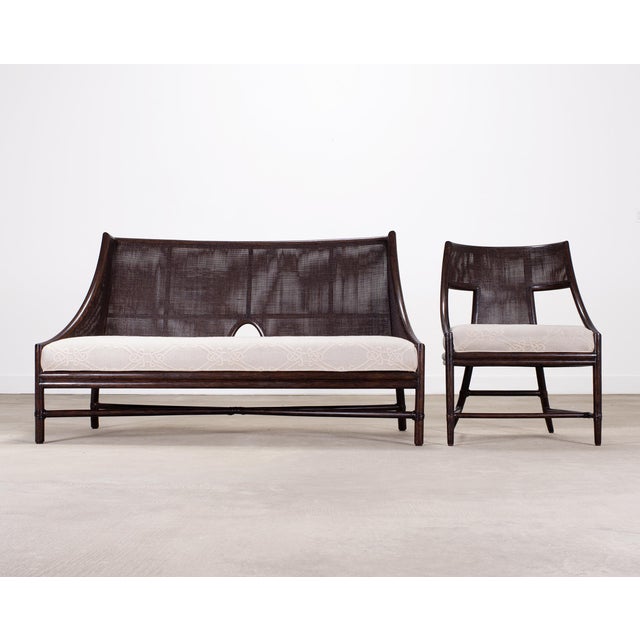Contemporary Barbara Barry for McGuire Rattan Cane Settee and Armchair For Sale - Image 3 of 18