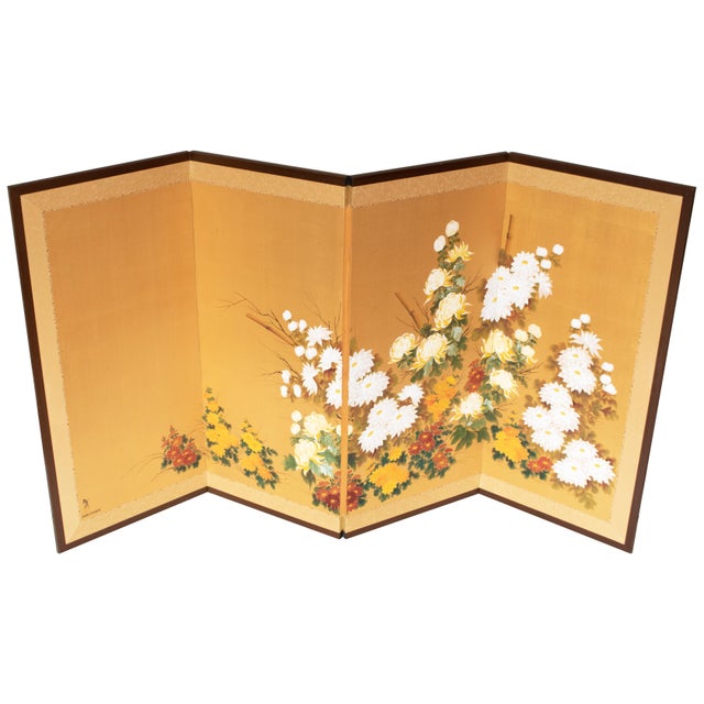 "Autumn Flowers" by Kazuko Chiyo Sasaki, C. 1960s Painted Silk Byobu Screen For Sale - Image 16 of 17