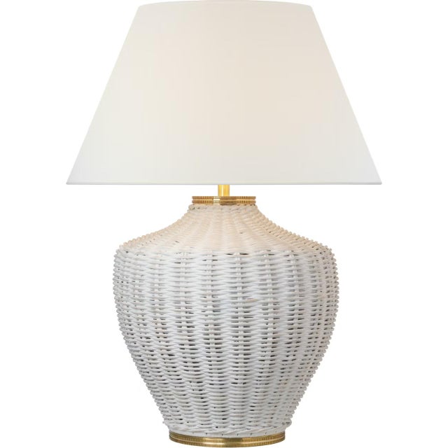 Transitional Marie Flanigan by Visual Comfort Signature Evie Large Table Lamp in White Wicker with Linen Shade For Sale - Image 3 of 3