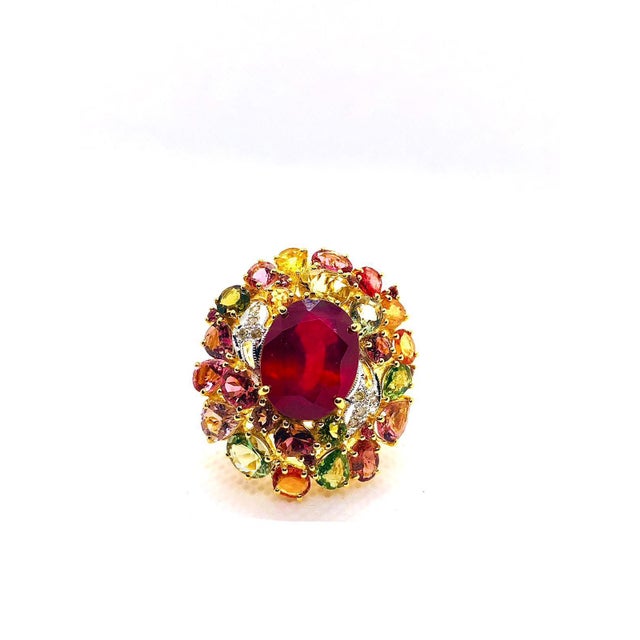 Bochic “Orient” Vintage Natural Ruby, Diamond & Multi Sapphire Ring Set In 18K Gold & Silver Natural Center Ruby 9.00...