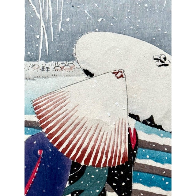Art Deco Japanese Woodblock Print Snow on Willow Bridge by Ohara Shoson For Sale - Image 3 of 18
