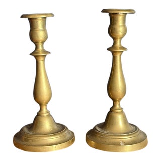 Antique French Brass Baluster Candlesticks, 19th Century - A (Near) Pair For Sale