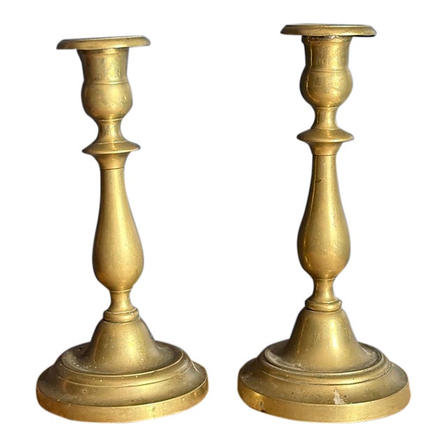 Antique French Brass Baluster Candlesticks, 19th Century - A (Near) Pair For Sale