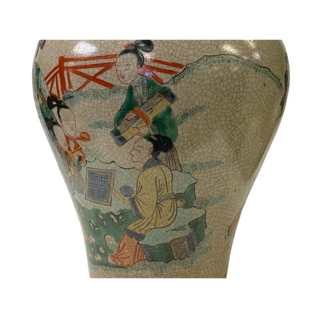 Vintage Chinese Crackle Beige Color People Graphic Porcelain Vase For Sale - Image 9 of 10