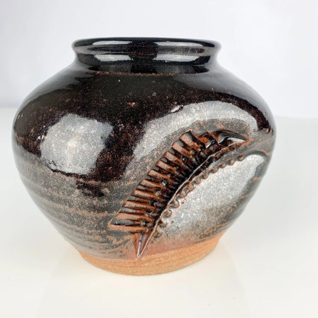 Vintage Studio Art Pottery Textured Vase Artist Signed Brown Mid Century Modern South Western For Sale - Image 12 of 12