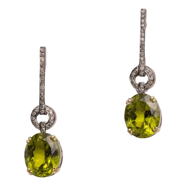 1990s Pair of Faceted Peridot and Diamond Drop Earrings For Sale