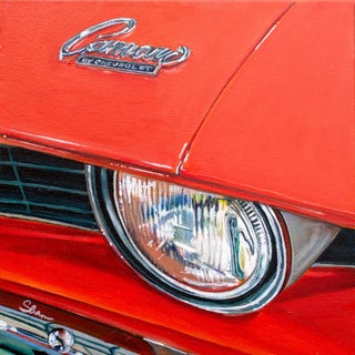1969 Chevrolet Camaro SS - Hugger Orange by Shan Fannin | Acrylic on cotton canvas close-up of a car front For Sale