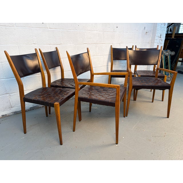 Exceptional set of (6) Attributed to Paul McCobb for Directional Irwin Collection Woven Leather Dinning Chairs,...