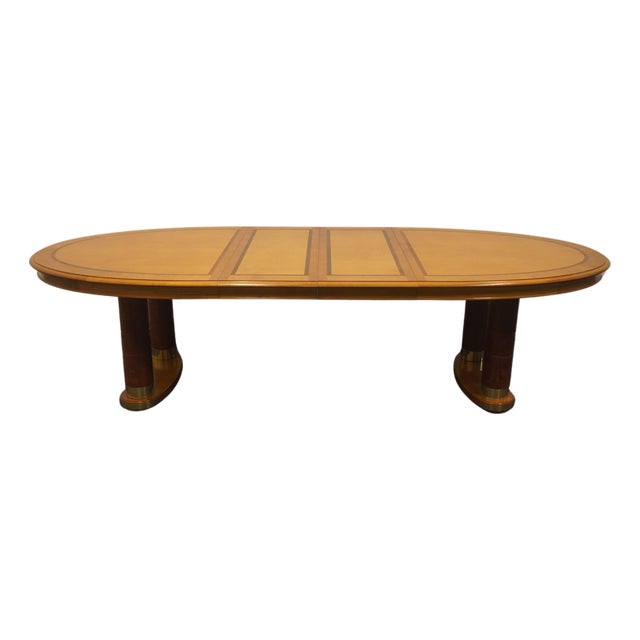 Stanley Furniture Banded Burled Wood Blonde Contemporary Modern 110" Oval Double Pedestal Dining Table 454-11-136/236 For Sale