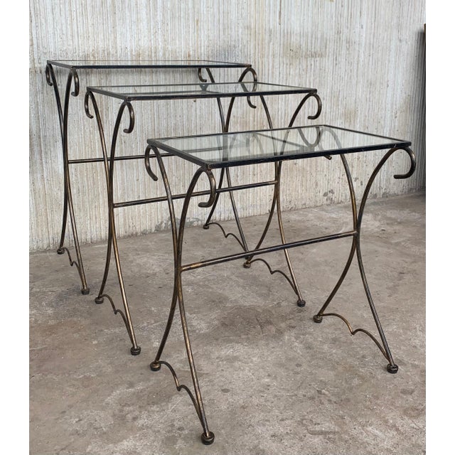 Mid 20th Century Midcentury Scrolling Iron Patio Nesting Side Tables with Glass Tops, Set of 3 For Sale - Image 10 of 18