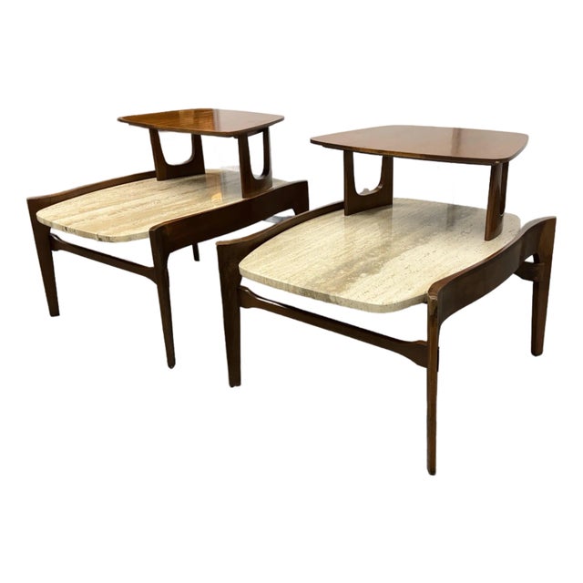 Bertha Schaefer for M. Singer & Sons Walnut/Travertine Tables, Pair For Sale