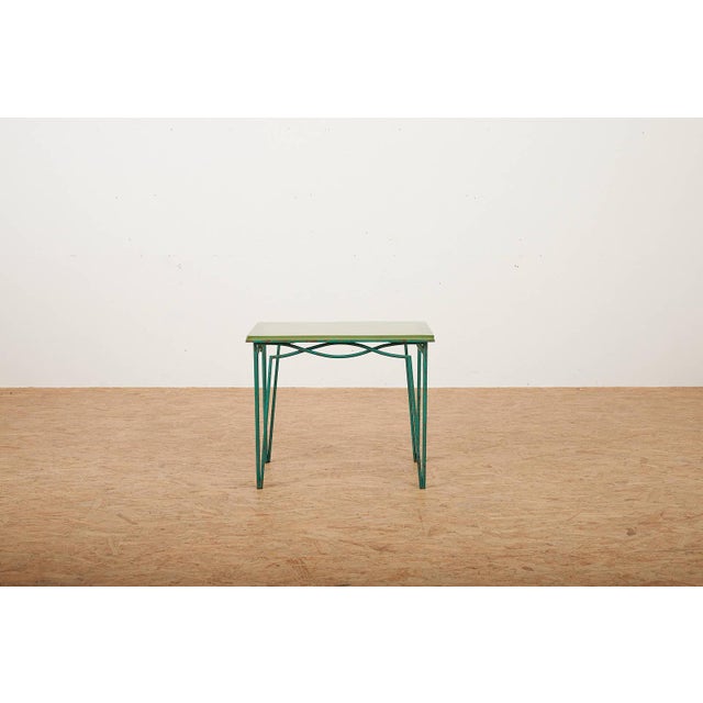 Side Table in Green Lacquered Wrought Iron and Sand-Colored Glass Top For Sale - Image 3 of 12