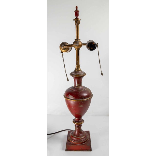 Mid-Century Decorative Toleware Tole Style Painted Red and Gold Table Lamp For Sale - Image 9 of 13