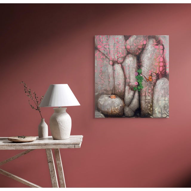 The artwork presents a striking interplay between natural elements and abstract patterns, featuring butterflies amidst...