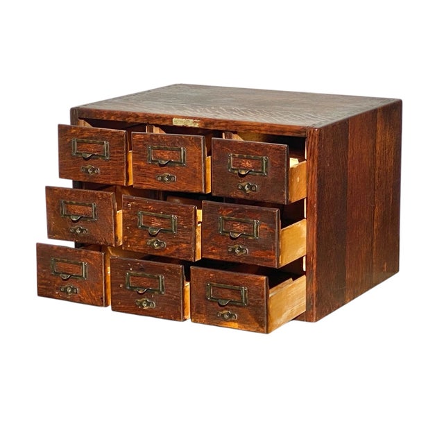 Antique Oak 9 Drawer Index Card Wood File Cabinet For Sale In Boston - Image 6 of 11