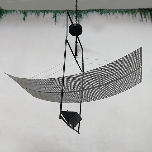 Designer: Mario Botta Dims.: 37.6"W x 19.3"D x 39.38"H Italian Modern white, black metal chandelier Zefiro by Mario Botta...