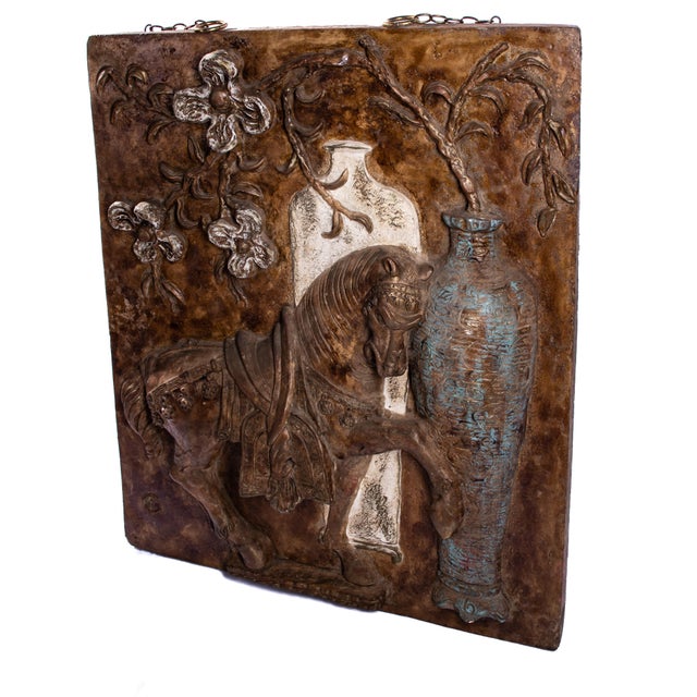 Brown Late 20th Century Cast Plaster and Fiberglass Tang Horse and Floral Wall Sculpture For Sale - Image 8 of 13