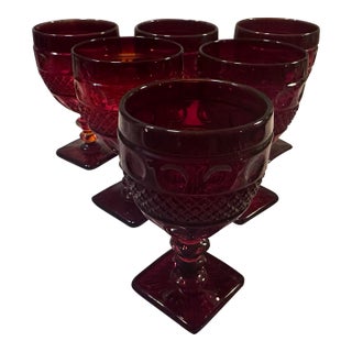 Vintage McKee Textured Cut Glass Dark Red Wine Glasses- Set of 6 For Sale