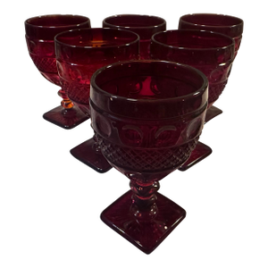 Vintage McKee Textured Cut Glass Dark Red Wine Glasses- Set of 6