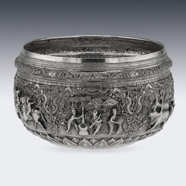 Antique Burmese Repoussé Silver Jataka Tales Bowl, 1910 For Sale - Image 4 of 18