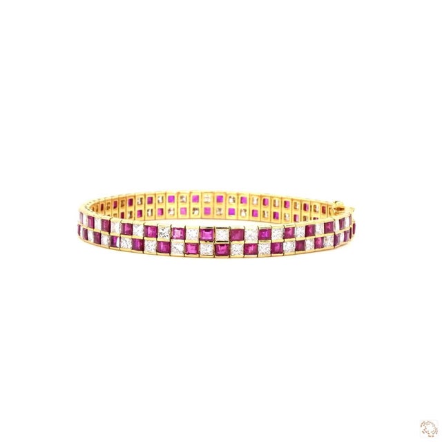 Modern 7.1 Carat Princess Cut Diamond Ruby Gold Bracelet For Sale - Image 3 of 9
